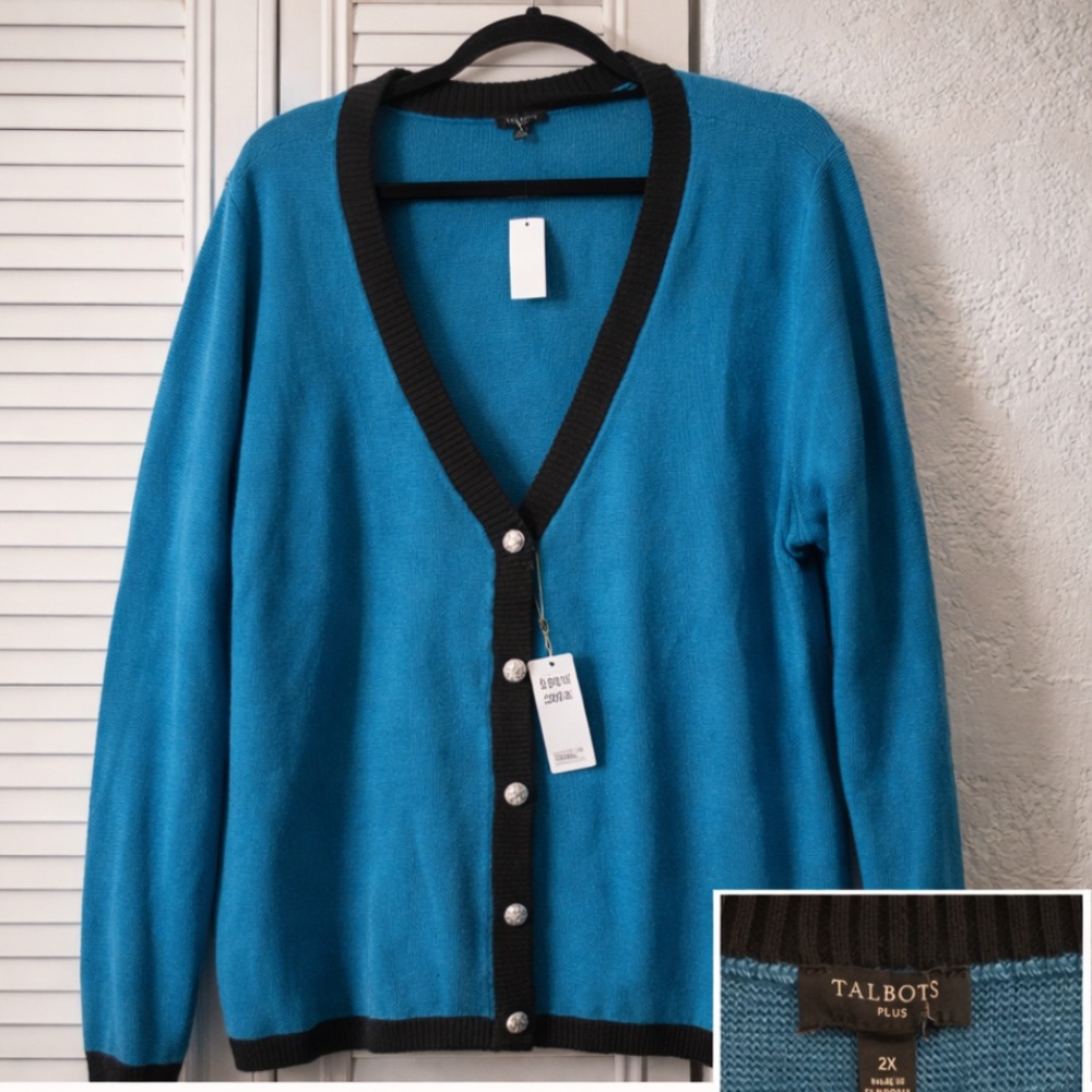 Talbots Plus 2X Cardigan NWT Turquoise Blue Black Trim Button Front Sweater
